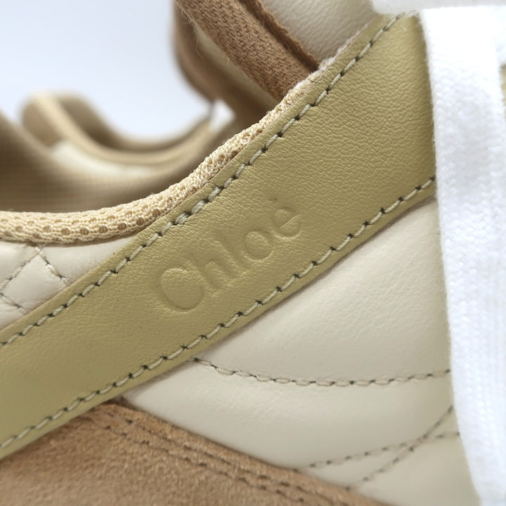 Chloe Kick Quilted Low Top Sneakers Ecru Leather &amp; Camel Suede Size 41 / US 10.5