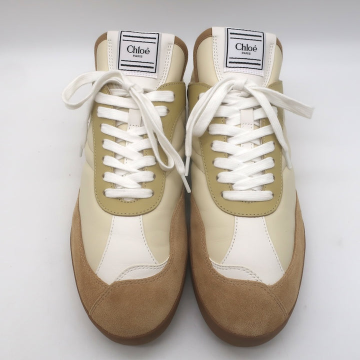 Chloe Kick Quilted Low Top Sneakers Ecru Leather &amp; Camel Suede Size 41 / US 10.5