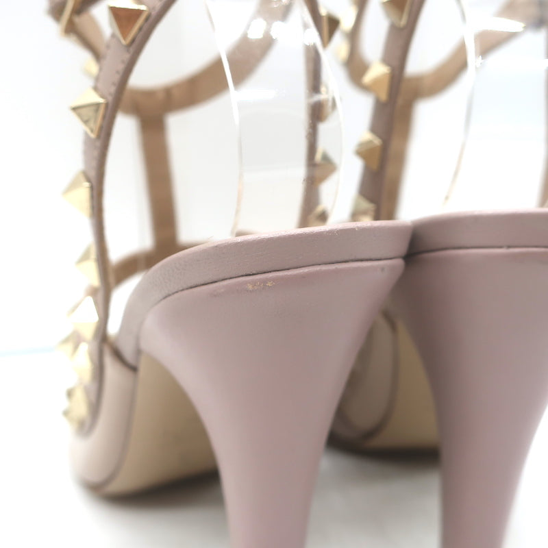 Valentino Rockstud T-Strap Pointed Toe Pumps Poudre Leather &amp; Patent Size 39