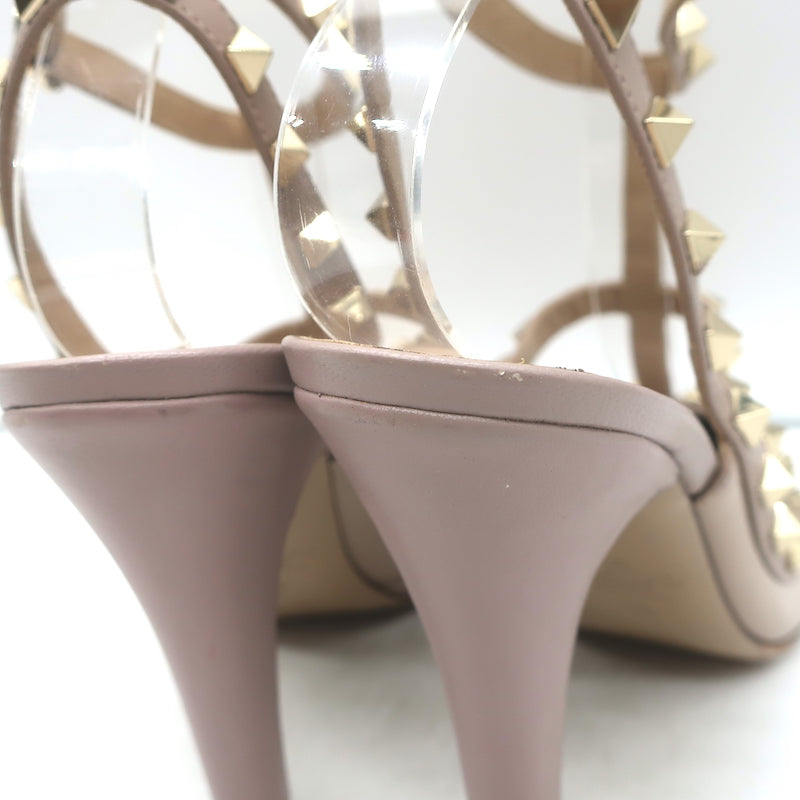 Valentino Rockstud T-Strap Pointed Toe Pumps Poudre Leather &amp; Patent Size 39