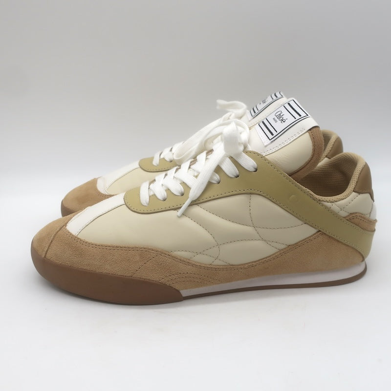 Chloe Kick Quilted Low Top Sneakers Ecru Leather &amp; Camel Suede Size 41 / US 10.5