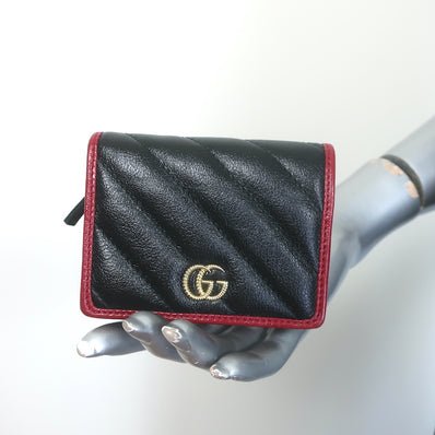 Gucci Torchon GG Marmont Card Case Wallet Black Diagonal Matelasse Leather