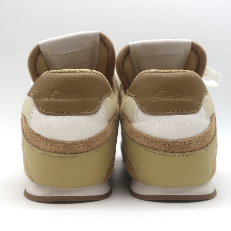 Chloe Kick Quilted Low Top Sneakers Ecru Leather &amp; Camel Suede Size 41 / US 10.5