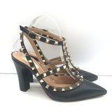 Valentino Rockstud Ankle Strap Pumps Black Leather Size 39 Pointed Toe Heels