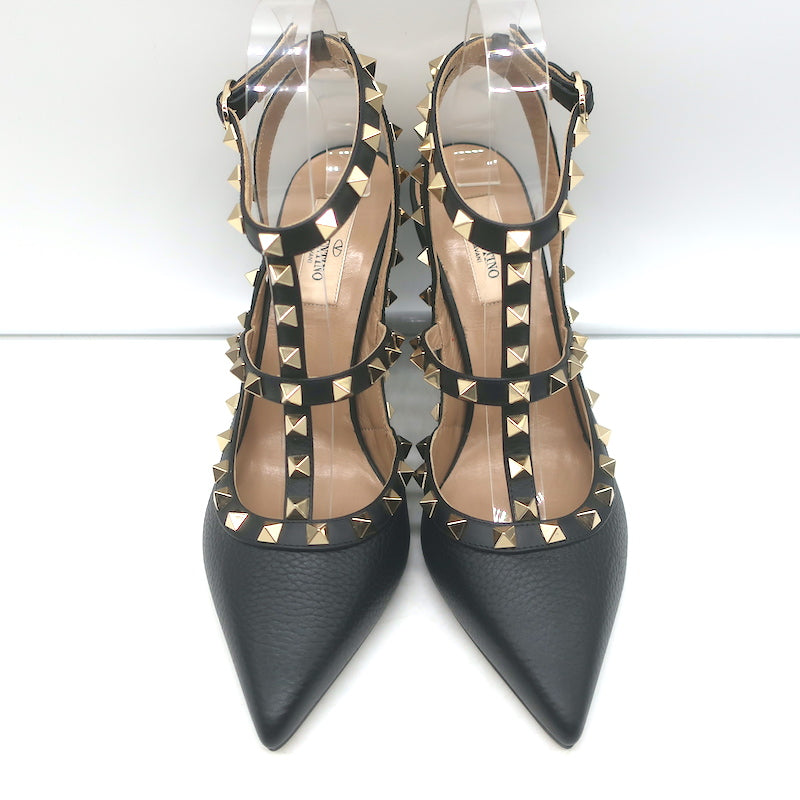 Valentino Rockstud Ankle Strap Pumps Black Leather Size 39 Pointed Toe Heels