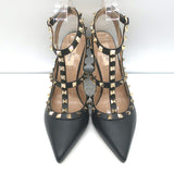 Valentino Rockstud Ankle Strap Pumps Black Leather Size 39 Pointed Toe Heels