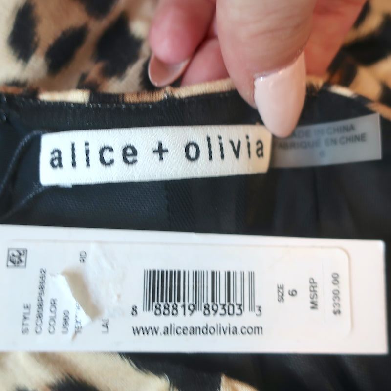 Alice + Olivia Fitted Midi Dress Delora Leopard Print Stretch Jersey Size 6 NEW