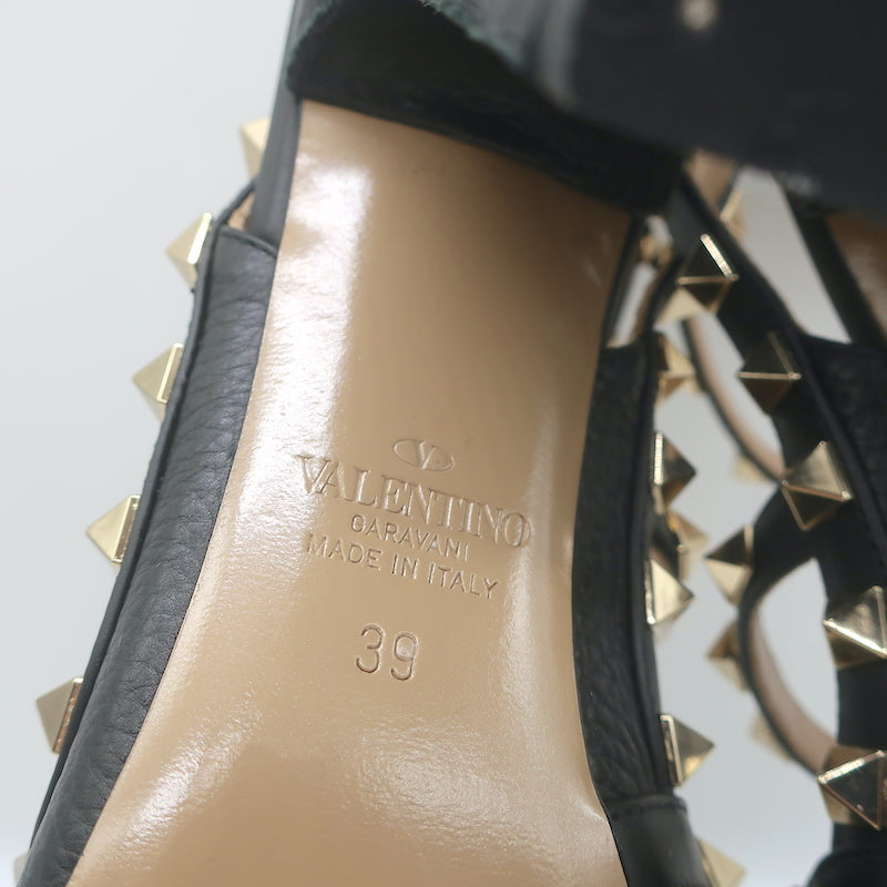 Valentino Rockstud Ankle Strap Pumps Black Leather Size 39 Pointed Toe Heels
