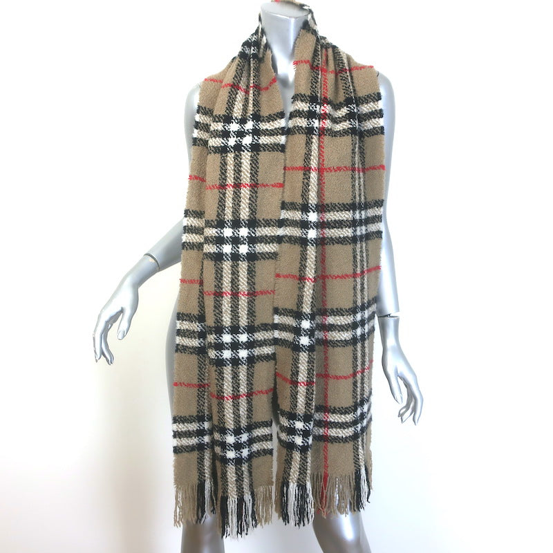 Burberry Giant Check Fringed Boucle Scarf Taupe Cashmere-Silk