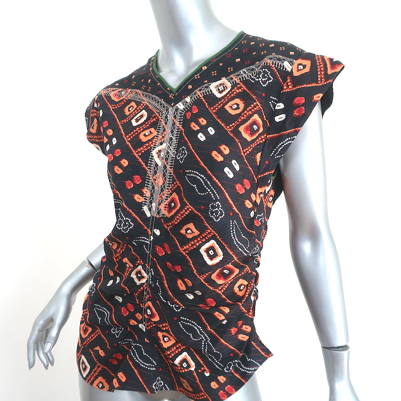 Isabel Marant Embroidered Top Black Printed Silk Size 40 Tie-Back Blouse