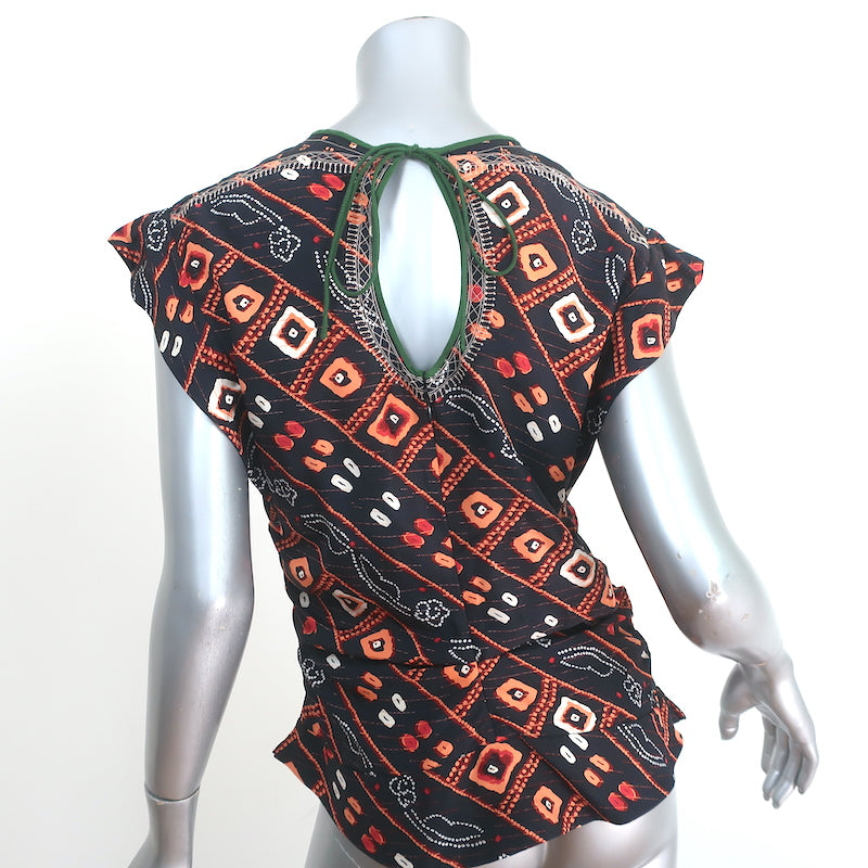 Isabel Marant Embroidered Top Black Printed Silk Size 40 Tie-Back Blouse