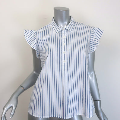 FRAME Flounce Popover Blouse White & Blue Striped Cotton Size Small NEW