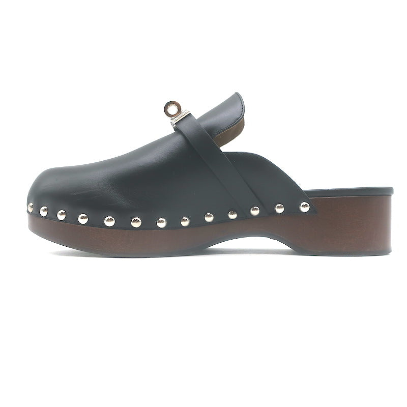 Hermes Carlotta Mules Black Leather Size 36