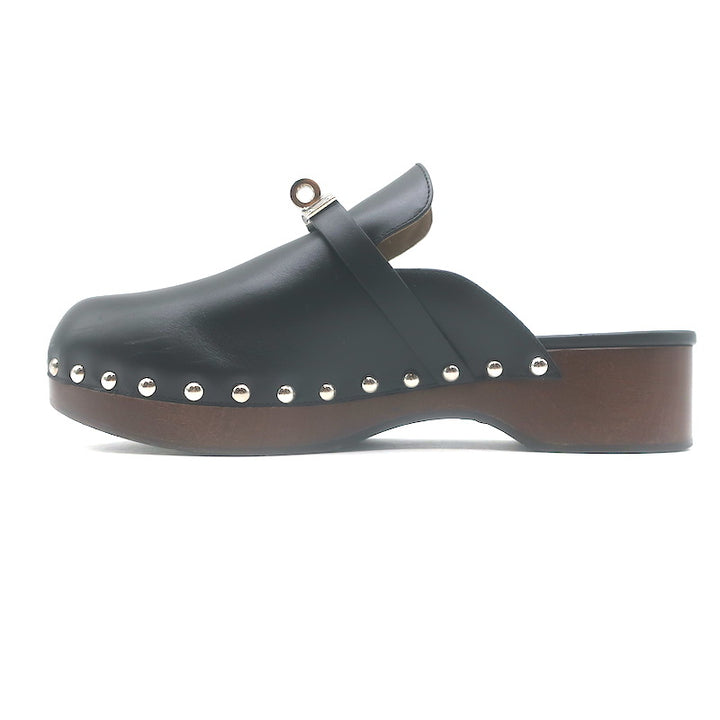 Hermes Carlotta Mules Black Leather Size 36
