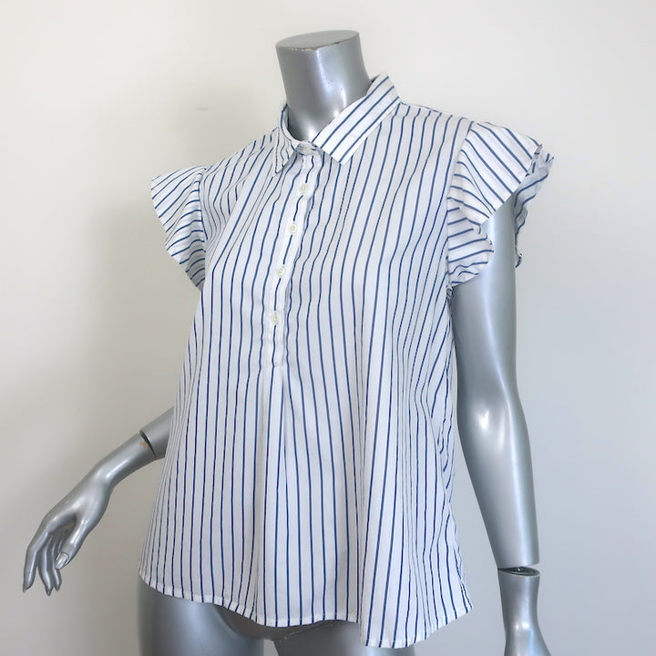 FRAME Flounce Popover Blouse White &amp; Blue Striped Cotton Size Small NEW
