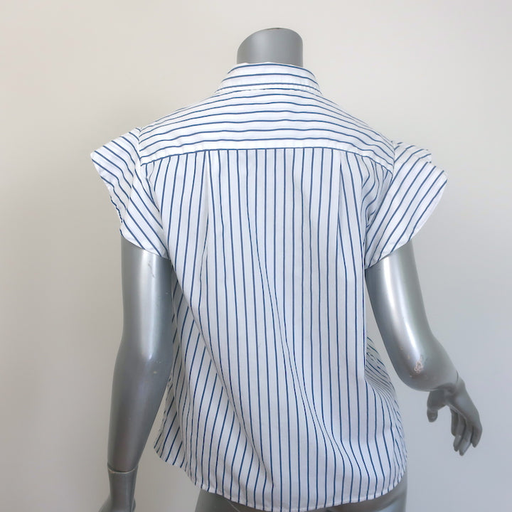 FRAME Flounce Popover Blouse White &amp; Blue Striped Cotton Size Small NEW