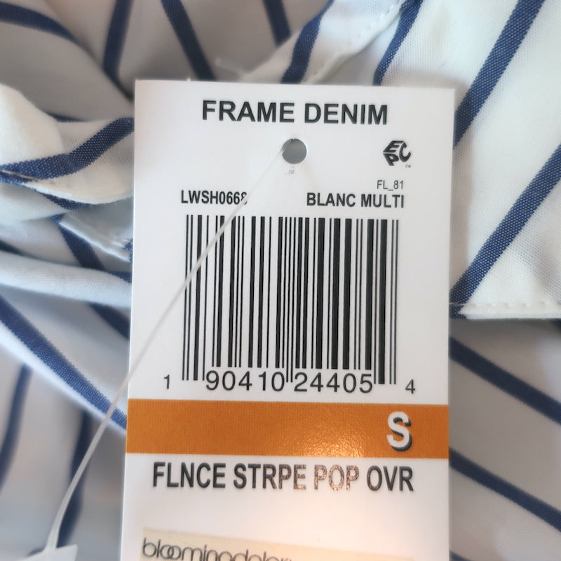FRAME Flounce Popover Blouse White &amp; Blue Striped Cotton Size Small NEW