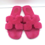 Hermes Oran Teddy Slide Sandals Pink Shearling Size 38.5
