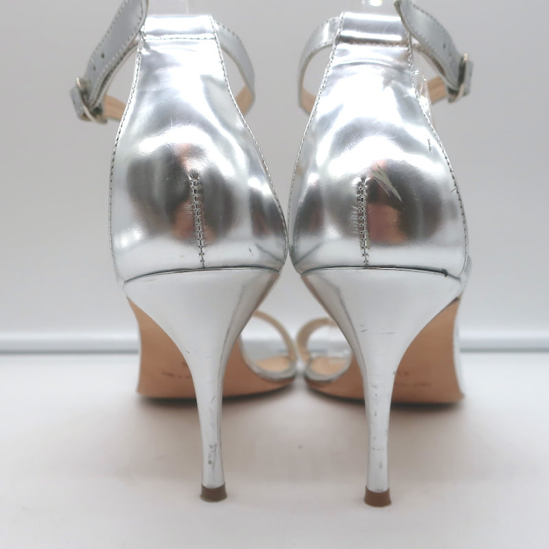 Manolo Blahnik Chaos Ankle Strap Sandals Silver Metallic Leather Size 41.5