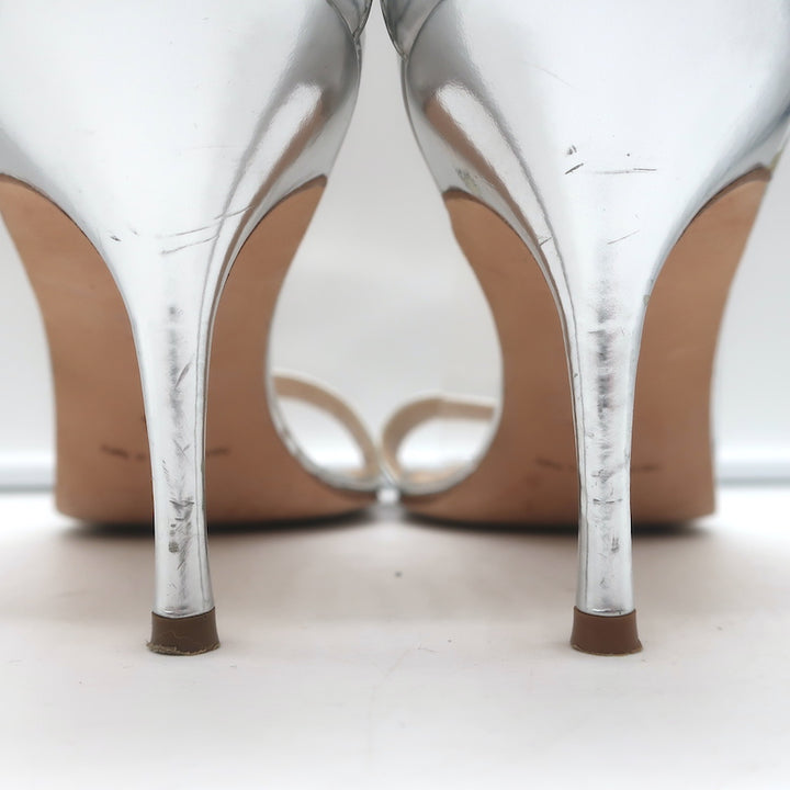 Manolo Blahnik Chaos Ankle Strap Sandals Silver Metallic Leather Size 41.5