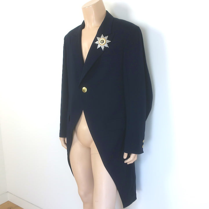 Yohji Yamamoto Pour Homme Crystal-Brooch Morning Coat Navy Cotton-Wool Size 2