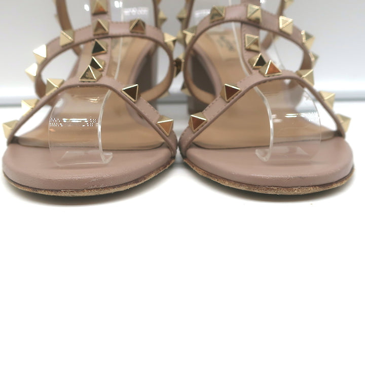Valentino Rockstud Caged Slide Sandals Poudre Leather Size 37 Open Toe Heels