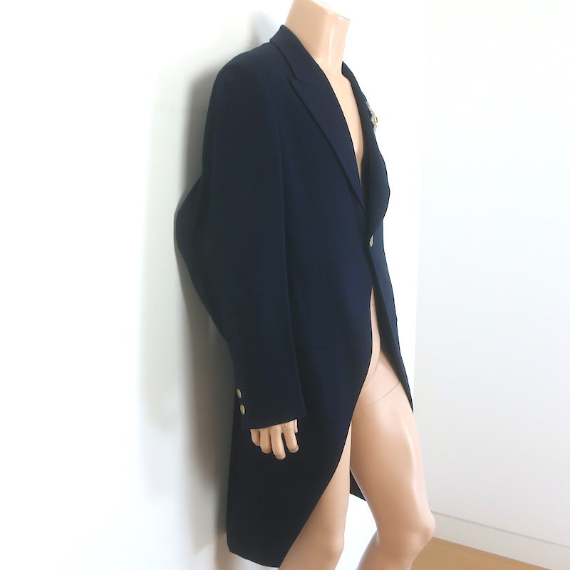 Yohji Yamamoto Pour Homme Crystal-Brooch Morning Coat Navy Cotton-Wool Size 2
