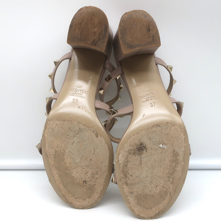 Valentino Rockstud Caged Slide Sandals Poudre Leather Size 37 Open Toe Heels