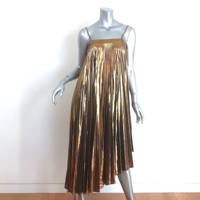 Milly Irene Pleated Metallic Asymmetric Midi Dress Gold Size 0 NEW