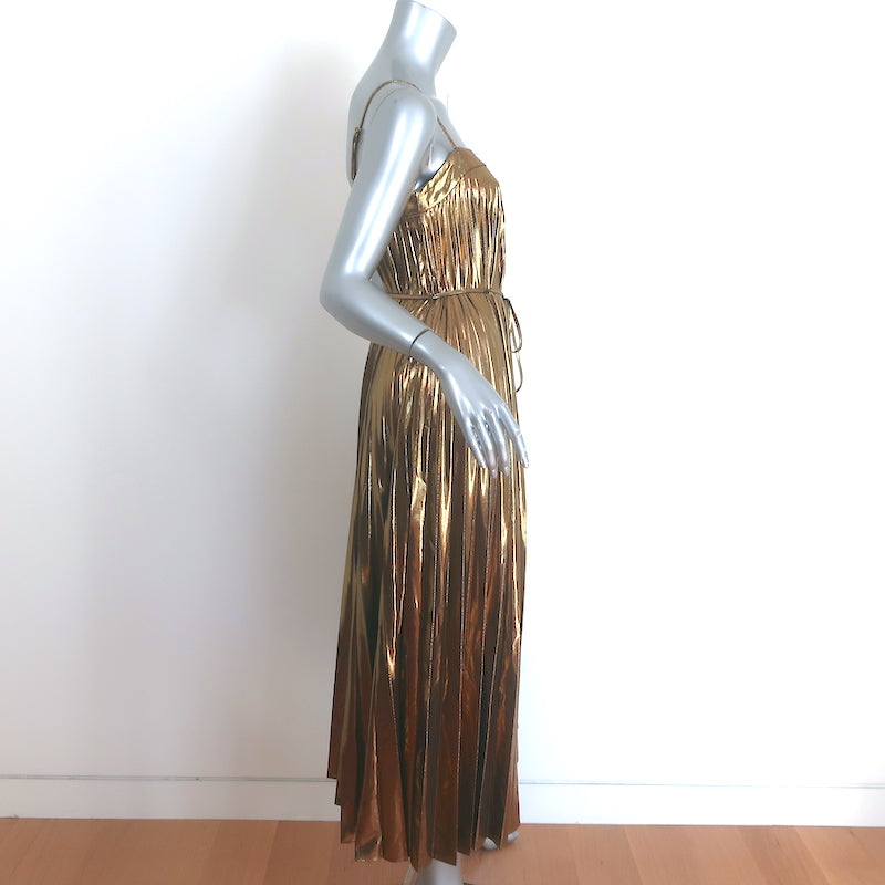 Milly Irene Pleated Metallic Asymmetric Midi Dress Gold Size 0 NEW