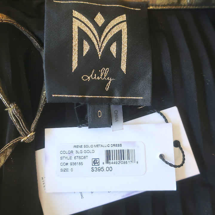Milly Irene Pleated Metallic Asymmetric Midi Dress Gold Size 0 NEW