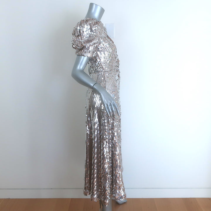 Rotate Birger Christensen Puff Sleeve Sequin Midi Dress Silver Size 34 NEW