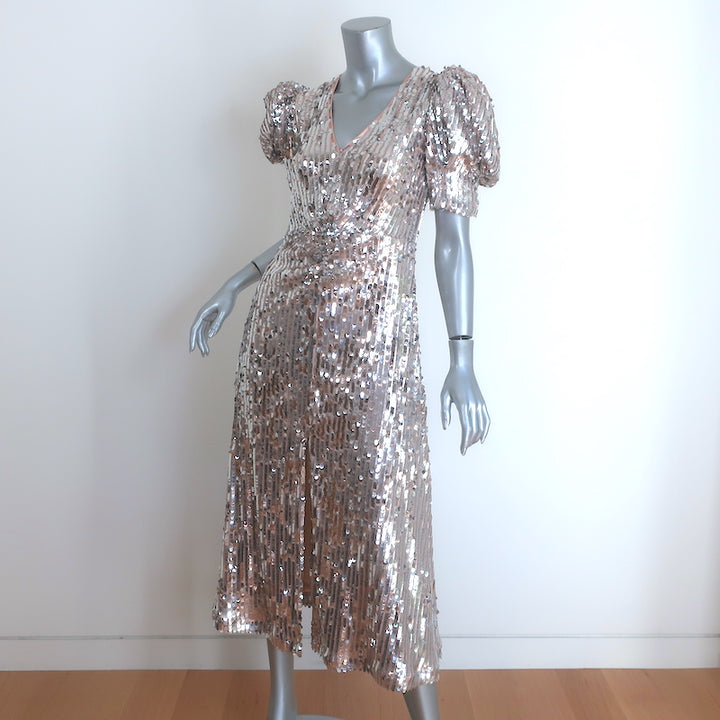 Rotate Birger Christensen Puff Sleeve Sequin Midi Dress Silver Size 34 NEW