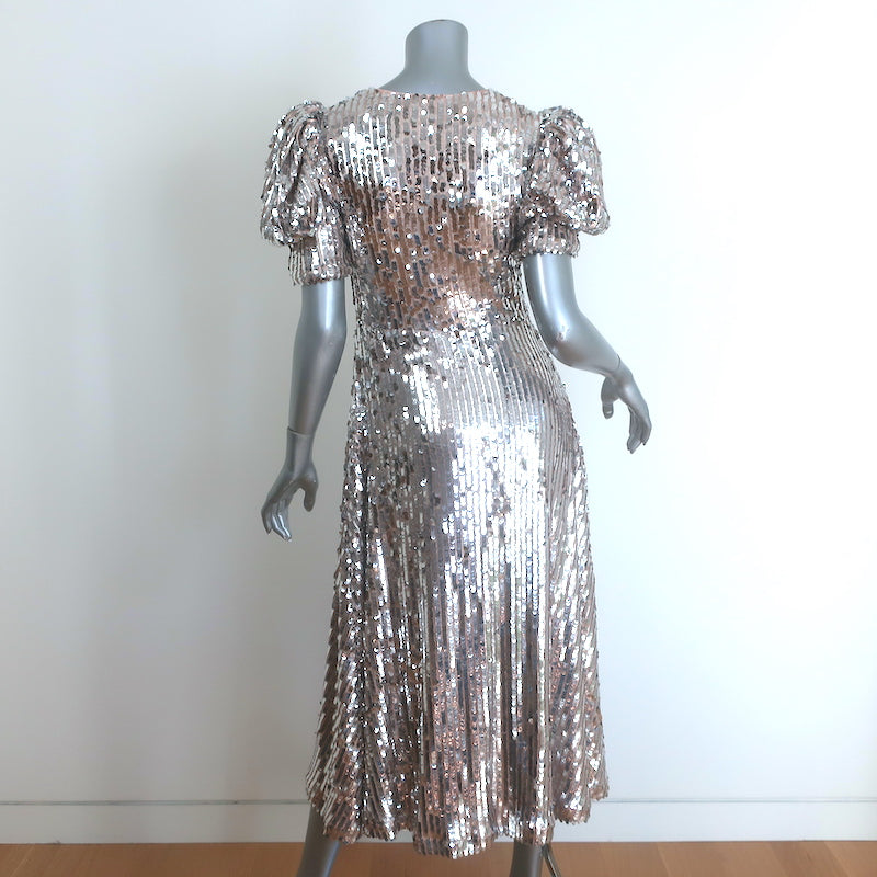 Rotate Birger Christensen Puff Sleeve Sequin Midi Dress Silver Size 34 NEW