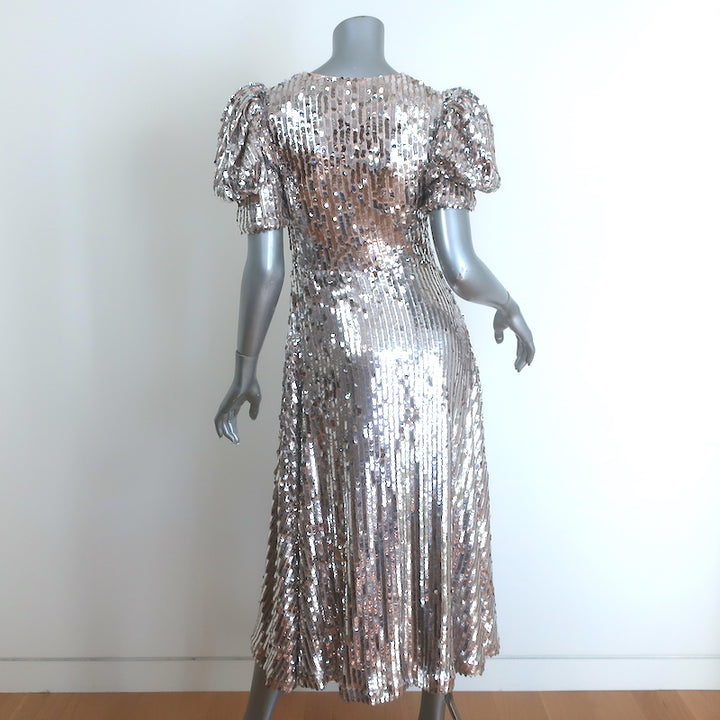 Rotate Birger Christensen Puff Sleeve Sequin Midi Dress Silver Size 34 NEW