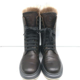 Brunello Cucinelli Lace Up Ankle Boots Fox Fur & Dark Brown Leather Size 40