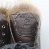 Brunello Cucinelli Lace Up Ankle Boots Fox Fur & Dark Brown Leather Size 40