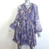 Zimmermann Botanica Tie-Neck Blouson Sleeve Dress Purple Floral Chiffon Size 1