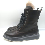 Brunello Cucinelli Lace Up Ankle Boots Fox Fur & Dark Brown Leather Size 40