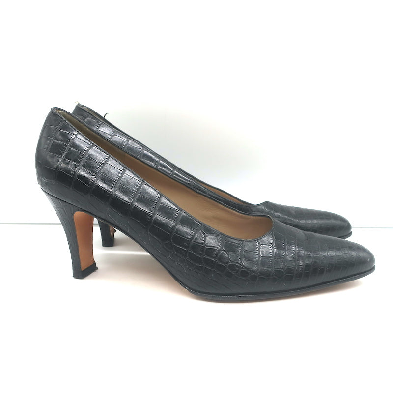 Salvatore Ferragamo Croc-Embossed Pumps Black Leather Size 11 Pointed Toe Heels