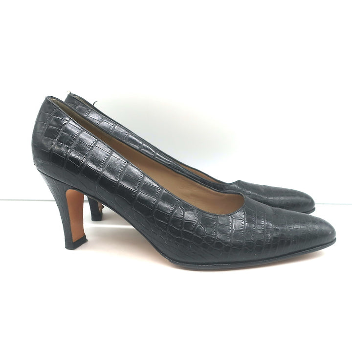 Salvatore Ferragamo Croc-Embossed Pumps Black Leather Size 11 Pointed Toe Heels