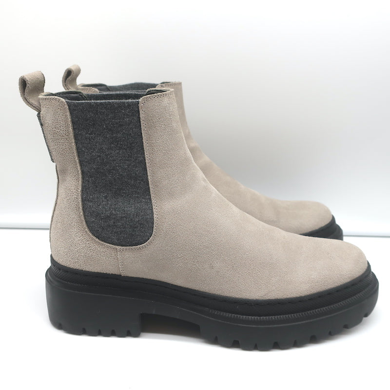 Brunello Cucinelli Monili-Embellished Chelsea Boots Taupe Leather Size 40
