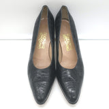 Salvatore Ferragamo Croc-Embossed Pumps Black Leather Size 11 Pointed Toe Heels