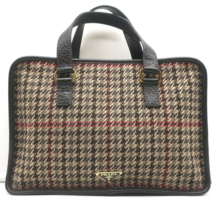 Prada Houndstooth Tweed Tote Bag Brown Leather-Trim Wool