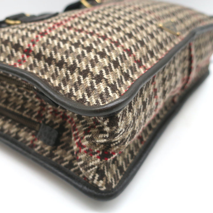 Prada Houndstooth Tweed Tote Bag Brown Leather-Trim Wool