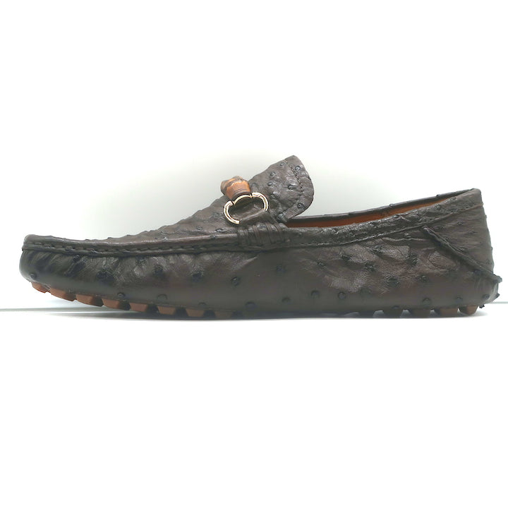 Gucci Bamboo Horsebit Driving Loafers Dark Brown Ostrich Size 9.5 NEW