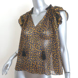 Ulla Johnson Doria Tie-Neck Top Black/Yellow Metallic Floral Print Size 0