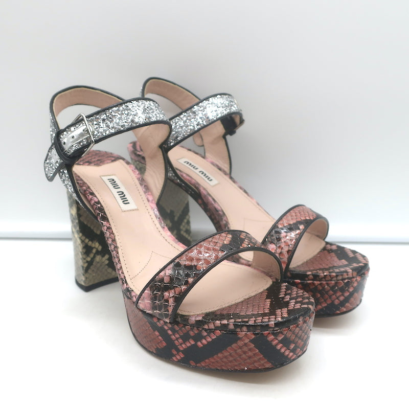 Miu Miu Snakeskin &amp; Glitter Platform Sandals Pink/Silver Size 37.5 NEW