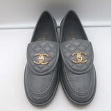 Chanel Quilted Flap CC Turnlock Loafers Gray Leather Size 37.5