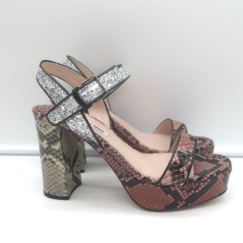 Miu Miu Snakeskin &amp; Glitter Platform Sandals Pink/Silver Size 37.5 NEW